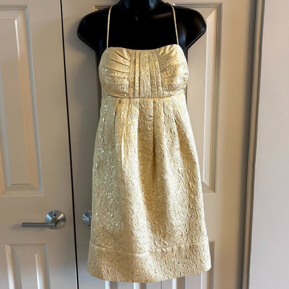 BCBG Gold Brocade Mini Dress – Adjustable Straps, Fully Lined, Elegant Cutout 4 - Picture 1 of 11